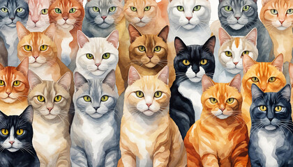 Naklejka na meble Group of sweet cats sitting closely, their faces creating a delightful pattern. Painted in soft watercolor with earthy tones, perfect for cat lovers.