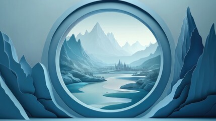 Wall Mural - Serene mountain landscape viewed through a circular frame.