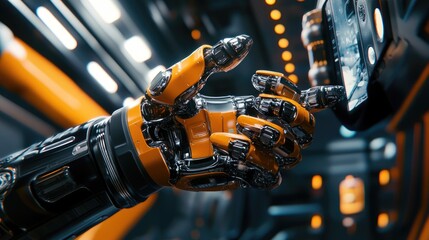Robotic hand interacting with futuristic interface.
