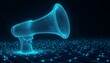 © ai tekno koncept - A Digital Wireframe Megaphone with Network of Blue Glowing Connections Representing Communication and Information Dissemination, Digital Marketing concept.