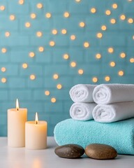 Spa Relaxation Towels Candles Stones Teal Background