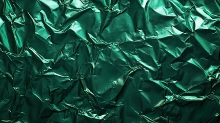 Wall Mural - a deep emerald green foil texture with a shiny, rough surface, displaying creases and folds that create dynamic light reflections.