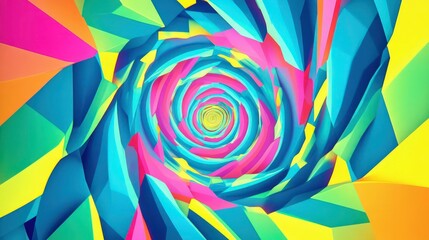 Wall Mural - a vibrant kaleidoscope pattern with swirling shades of electric blue, neon pink, and lime green, creating a hypnotic, geometric design. The shapes int, forming a mesmerizing spiral effect that seems  