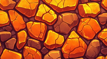 Wall Mural - cartoon-style rock wall texture featuring irregularly shaped stones in bright orange and yellow hues, resembling a lava-stone surface with cracked edges, ideal for volcanic or fiery game levels
