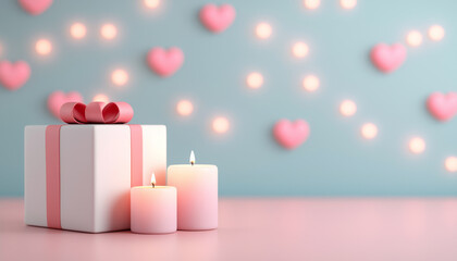 Wall Mural - beautifully wrapped gift box with pink ribbon and candles, creating romantic atmosphere with heart shaped decorations in background.  valentine