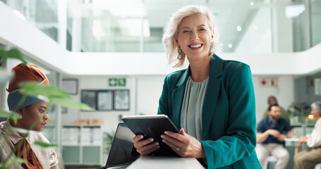 Aufkleber - Tablet, portrait and happy business woman, ceo and manager coworking with receptionist in startup. Face, smile or mature entrepreneur, professional or expert creative director with digital technology
