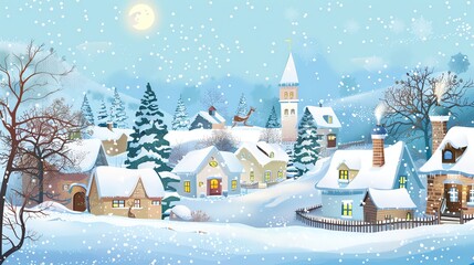 Sticker - A cartoon illustration of a winter village with snow, a church, and houses with lights.