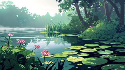 Wall Mural - A tranquil pond with lily pads, flowers, and trees.