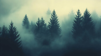 Wall Mural - Misty Forest: Evergreen Trees Enveloped in Fog, a Dreamlike Atmosphere