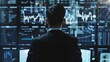 © Oleg - Man in suit working on computer at trading desk with data visualizations and screens.