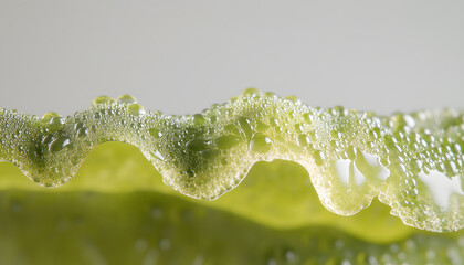 Wall Mural - A close-up of water droplets on the edge of a green leaf, macro photography, minimalism, soft tones, light background