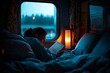 © aimodels24 - Cozy photo of a solo traveler in a modern sleeper train cabin, illuminated by a warm reading lamp during a nighttime journey in the 2030s