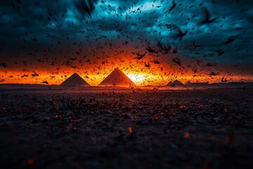 Wall Mural - The eighth plague of Egypt: massive locust swarm darkening the sky over the pyramids, devouring crops and trees