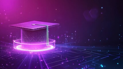 Wall Mural - a holographic graduation cap floating against a vibrant purple background, composed of glowing geome