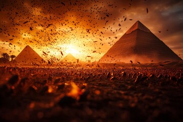 Wall Mural - The eighth plague of Egypt: massive locust swarm darkening the sky over the pyramids, devouring crops and trees