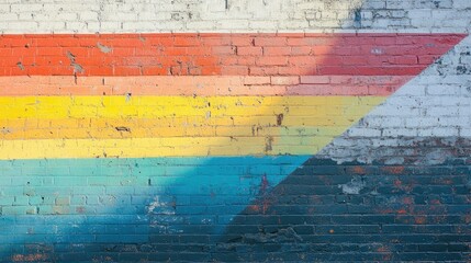 Wall Mural - Colorful, bold rainbow stripes on a weathered brick wall, symbolizing Pride Month with a backdrop of urban grit and celebration. Ideal for diversity and community support visuals