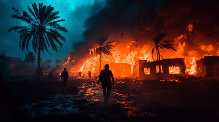 Wall Mural - The seventh plague of Egypt: burning hailstones raining on fields, palm trees ablaze, and villagers fleeing in terror