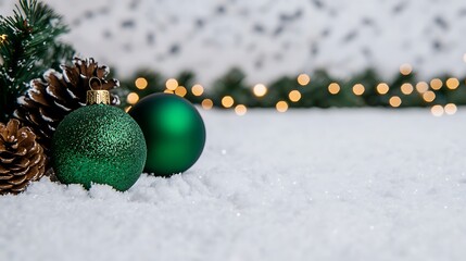 Wall Mural - Beautifully Arranged Christmas Ornaments and Pinecones Surrounded by Snowy Greenery