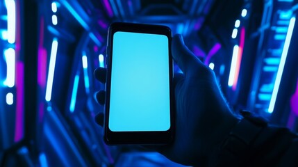 Aufkleber - A person holds a smartphone with a blank display, surrounded by vibrant blue and purple neon lights in a futuristic corridor.