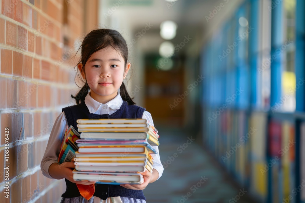 Young Girl Holding Stack of Books in School Corridor with Bright ...