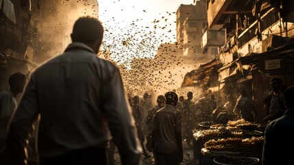 Wall Mural - The fourth plague of Egypt: thick swarms of flies invading a bustling market, spreading chaos over food and people