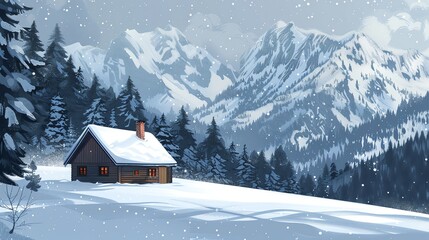 Sticker - An illustrated winter scene with a small cabin in the snow.