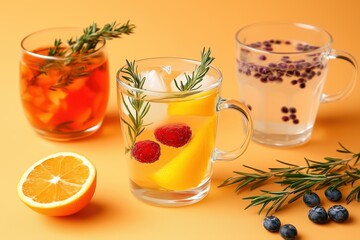 Wall Mural - Refreshing Citrus and Berry Infused Drinks in Elegant Glassware by Generative Ai Photo