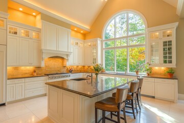 Wall Mural - A bright, modern kitchen with an island and large windows overlooking greenery.