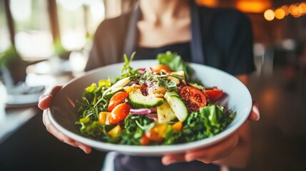 Fit woman in a stylish kitchen, serving a colorful vegetable salad. The fresh, nutritious food highlights her dedication to a healthy lifestyle.