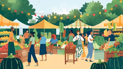 Canvas Print - An illustration of people shopping at a farmer's market.