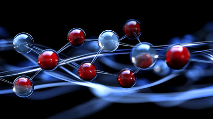 Abstract 3D Render of Red and Clear Spheres Connected by Thin Lines, Creating a Molecular Structure on a Blue and Black Background