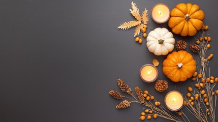 Wall Mural - A cozy Thanksgiving table with a rustic harvest-themed centerpiece, surrounded by pumpkins, candles, and warm seasonal tones.