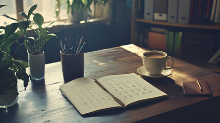 Wall Mural - Morning home office with coffee planner and a desktop showing a calendar well organized and efficient setup Copy space