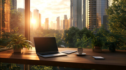 Wall Mural - Morning office setup with laptop and coffee on a balcony overlooking city park blending urban energy and nature Copy space