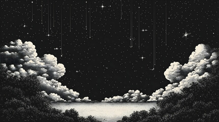 Wall Mural - black and white illustration of a night sky with falling stars and clouds