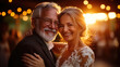 © Yauheniya - Joyful couple celebrating their wedding during a golden sunset with lights in the background. Generative AI