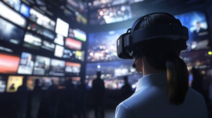 Poster - A person in a VR headset enjoys immersive content in a dimly lit room with multiple screens showcasing various visuals, embodying the essence of modern technology.