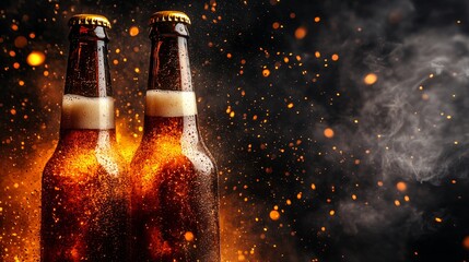 Fototapete - 45-degree topview Isolated on background two beer bottles mid-toast with golden liquid spraying upward on a smoky gray background with side empty space for text Stockphoto style
