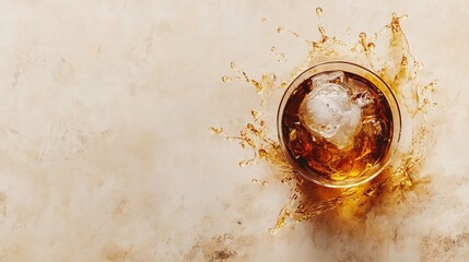 Fototapete - 45-degree topview Isolated on background a whiskey glass with a large ice sphere as liquid splashes delicately around it on a warm textured beige background with side empty space for text Stockphoto