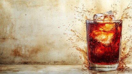 Fototapete - 45-degree topview Isolated on background a whiskey glass with a large ice sphere as liquid splashes delicately around it on a warm textured beige background with side empty space for text Stockphoto