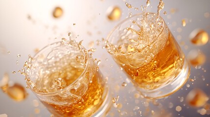 Fototapete - 45-degree topview Isolated on background two whiskey glasses colliding with amber liquid splashing and small droplets frozen mid-air on a charcoal gray background with side empty space for text