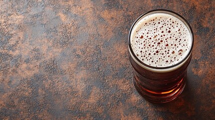 Fototapete - 45-degree topview Isolated on background a beer pint glass with foam bubbling over the rim as golden liquid splashes upward on a rustic tan background with side empty space for text Stockphoto style