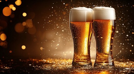 Fototapete - 45-degree topview Isolated on background a set of clinking beer glasses with foam and liquid cascading dramatically on a dark amber gradient background with side empty space for text Stockphoto style
