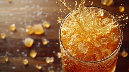 Fototapete - 45-degree topview Isolated on background a whiskey glass with scattered crushed ice and a small golden splash frozen mid-motion on a dark woodgrain background with side empty space for text