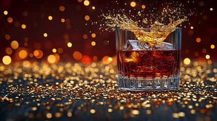 Fototapete - 45-degree topview Isolated on background a whiskey glass with scattered crushed ice and a small golden splash frozen mid-motion on a dark woodgrain background with side empty space for text