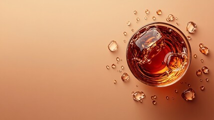 Fototapete - 45-degree topview Isolated on background a whiskey glass tilted slightly with liquid ripples and a dramatic splash on a gradient light brown background with side empty space for text Stockphoto style
