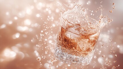 Fototapete - 45-degree topview Isolated on background a whiskey glass tilted slightly with liquid ripples and a dramatic splash on a gradient light brown background with side empty space for text Stockphoto style