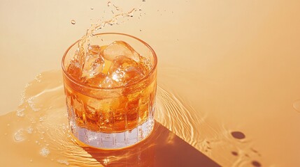 Fototapete - 45-degree topview Isolated on background a whiskey glass tilted slightly with liquid ripples and a dramatic splash on a gradient light brown background with side empty space for text Stockphoto style