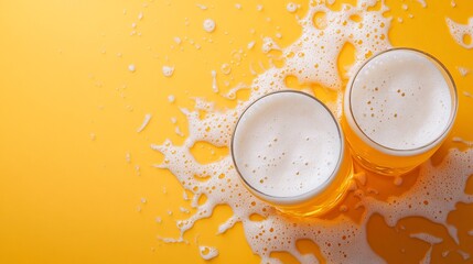 Fototapete - 45-degree topview Isolated on background two frothy beer glasses colliding in celebration with liquid flying upward on a bold amber background with side empty space for text Stockphoto style