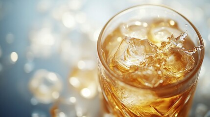 Fototapete - 45-degree topview Isolated on background a whiskey tumbler colliding with another glass creating a splash of golden liquid with a few ice cubes mid-motion on a smoky gray background with side empty